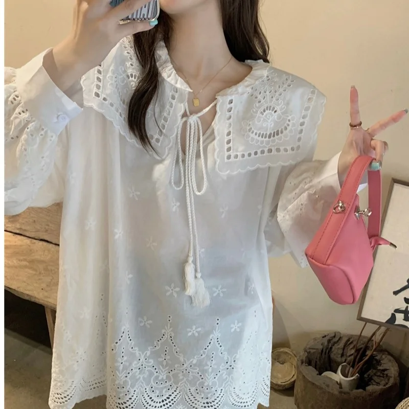 White Embroidered Lace Trim Doll Collar Long Sleeve Shirt Hollow out Lazy Girl Top Women's Fashion Loose Fit Lantern Sleeve