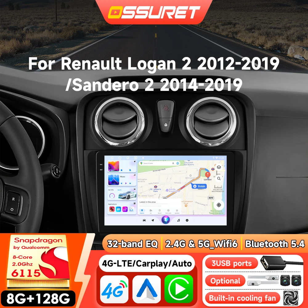 Autoradio Android 8 cœurs sans fil Carplay pour Renault Logan 2 Sandero 2012-2019 Lecteur multimédia automobile GPS Caméra 360° Écran