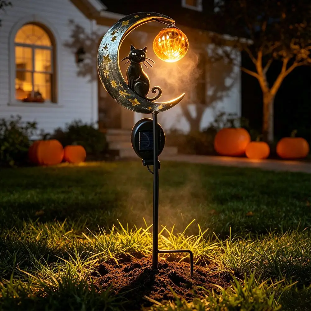 Halloween Outdoor Garden Stake Light, Rustproof Metal Moon Black Cat Pumpkin Lantern, Yard Path Decor Lamp for Holiday Decor