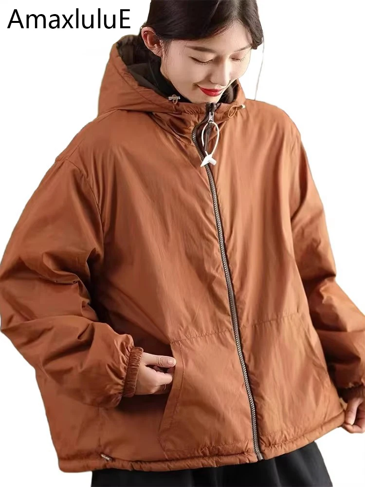 

Amax luluE Reversible Winter Ladies Parkas Luxury Elegant Females Coats Loose Vintage Classic Leisure Oversized Hooded Jeackets
