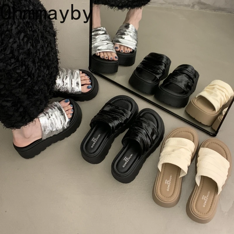 

Summer Women Platform Thick Bottom Slippers Open Toe Slide Ladies Casual Dress Street Style Footwear
