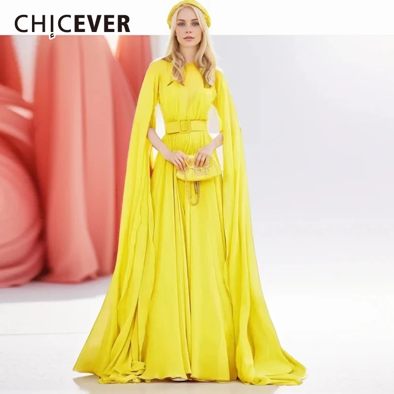 

CHICEVER Patchwork Belt Formal Dresses For Women Round Neck Cloak Sleeve High Waist Spliced Zipper Long Dress Female Clothes New