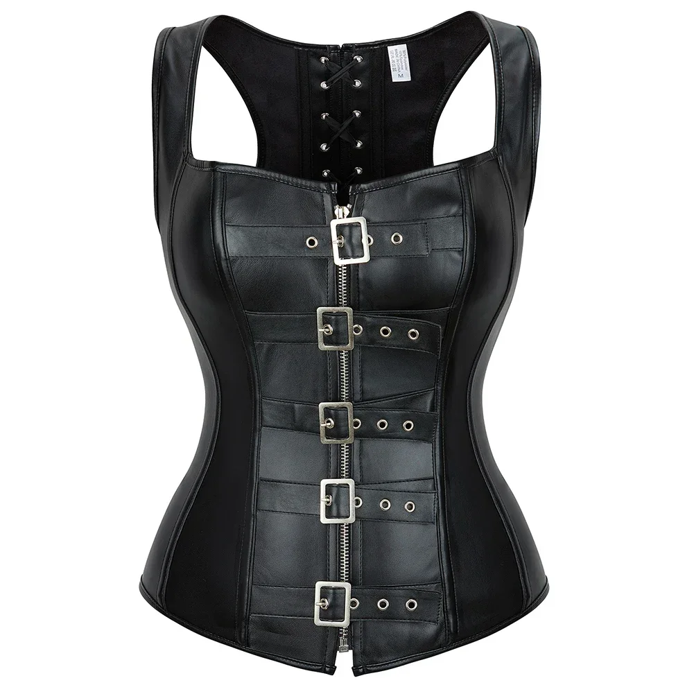 Steampunk Women Overbust Corset Front Zip Shoulder Straps Body Shaperwear Black Leather Bustier Top