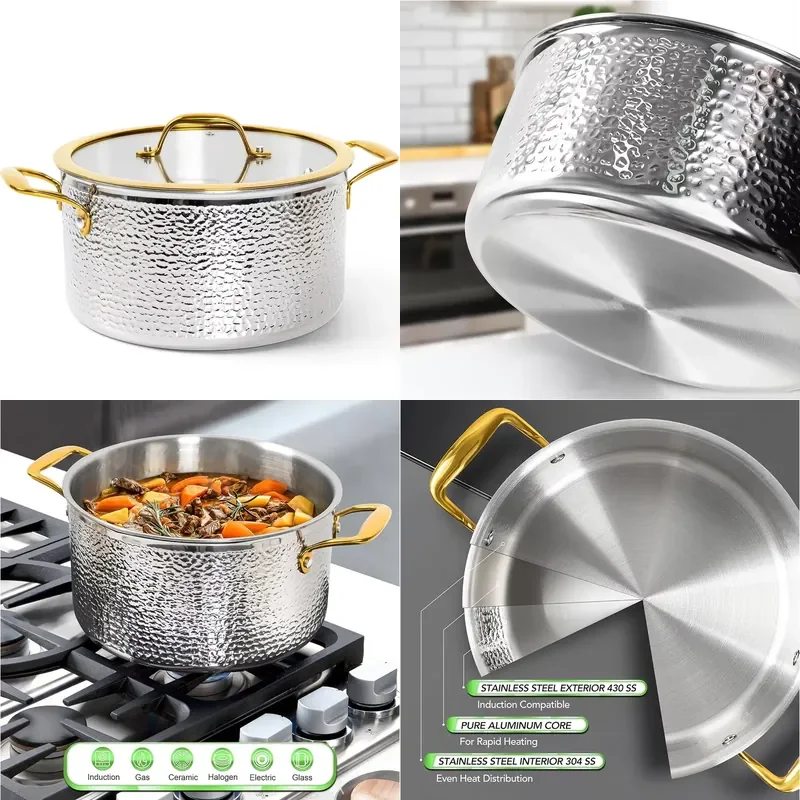 for Heavy Duty Stainless Steel Soup Pot Hammered Triple Layer with Glass Lid and Cooking Handle Non Toxic Kitchen Cookware
