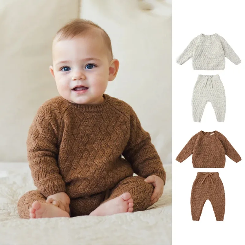 

2025 New Solid-color Long-sleeved and Long-pants Sweater Set for Boys Stylish Round-neck Baby Pure Cotton Warm Knitted Sweater