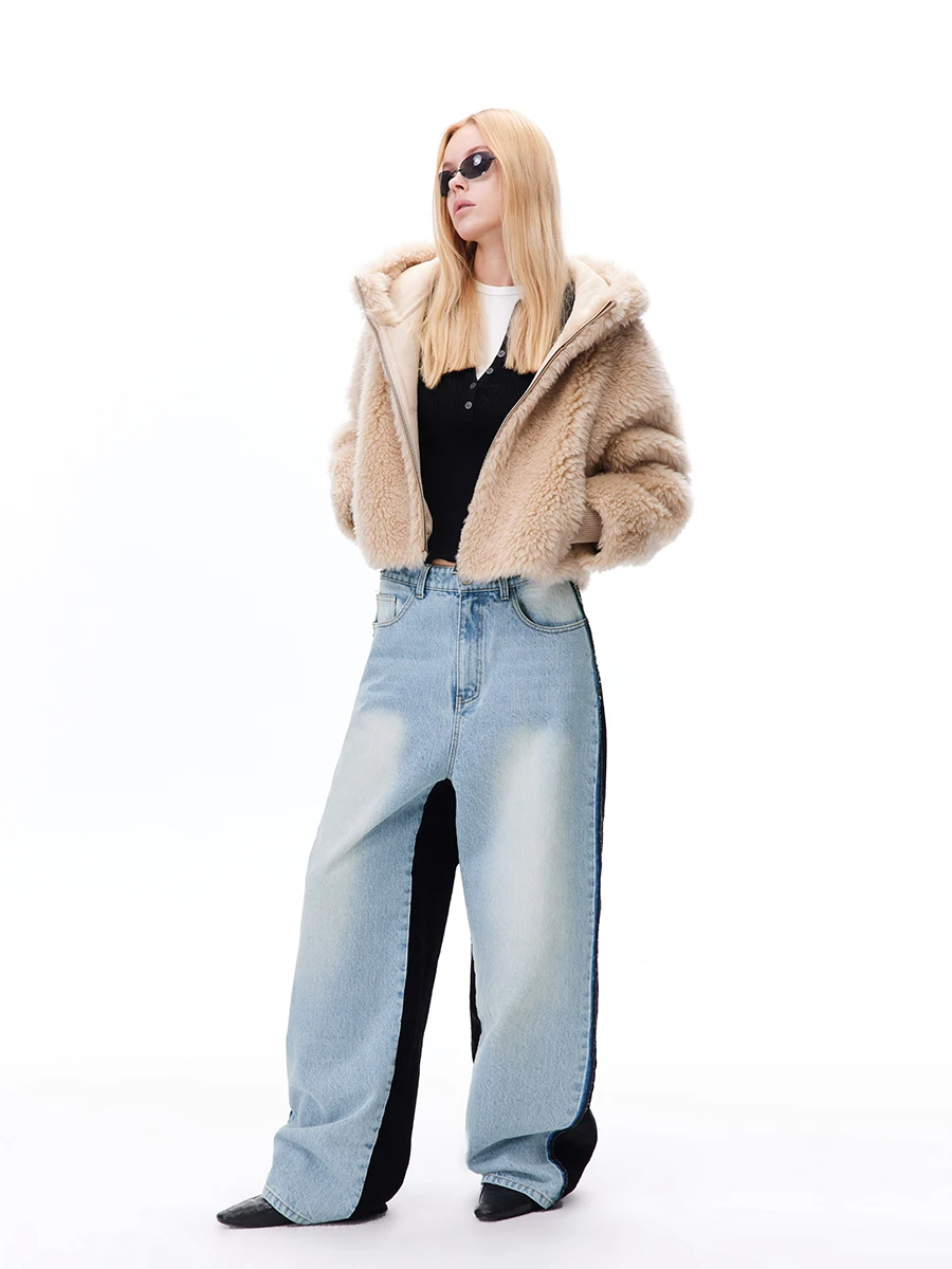 

Loala Office Wide Leg Denim Jeans Corduroy Patchwork Washed Color Block High Waist Casual Winter Fashion for Women