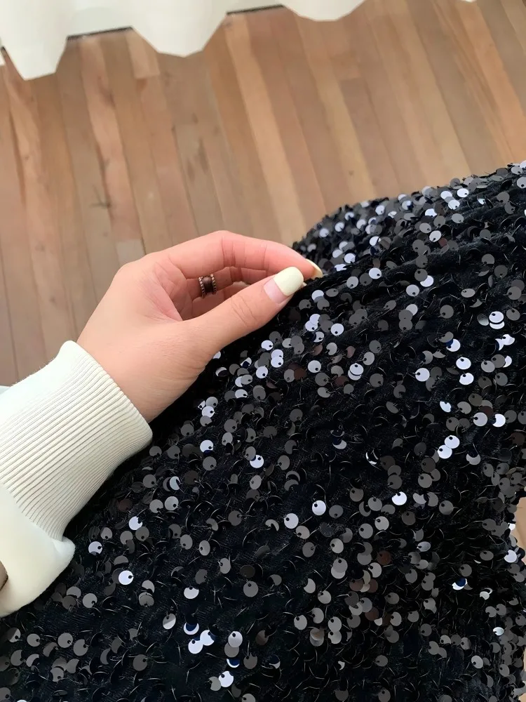 Elastyczna spódnica do kolan z cekinami dla kobiet, jesienna, o średniej długości, wyszczuplająca, w kształcie litery A, do pracy, model A78039