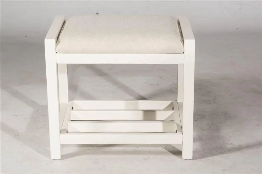 White Vanity Stool with Shelf Storage, Backless Rectangular Design, Durable Polyester Fabric