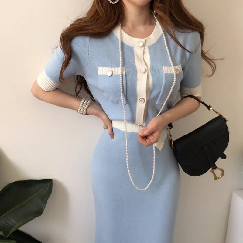 New Korean Fashion Knitted Cardigan Women Hit Color Single Breasted Short Sleeve O-neck Tops High Waist Long Skirt 2 Piece set