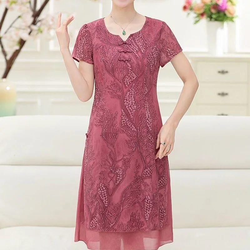 Frog Short Sleeved Chiffon Medium Length Cheongsam Summer Female Clothing Vintage Printing V-Neck Net Yarn Midi A-line Dresses