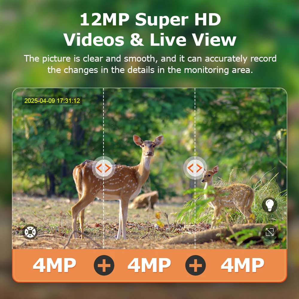 SECTEC 4G Solarkamera für den Außenbereich, drei Objektive, WiFi-Überwachungskamera, 12 MP, HD, PTZ, Nachtsicht, PIR-Bewegungserkennung, IP66