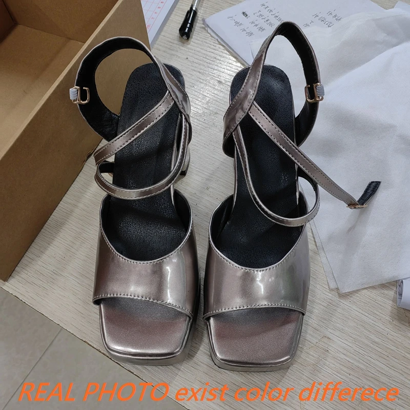 SIMLOVEYO Female Sandals Toe Chunky Heels 10cm Platform 2cm Buckle Straps Size 41 42 43 Concise Dating Shoes