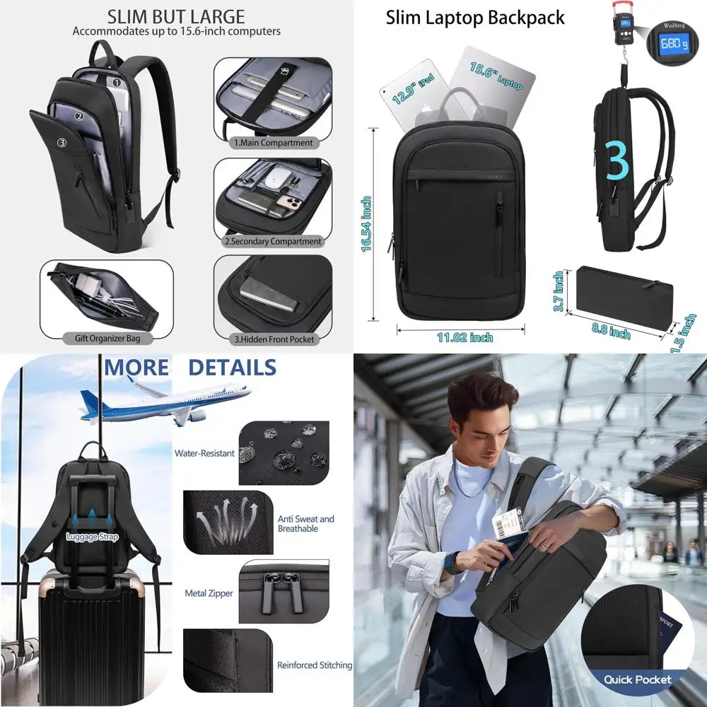 

Мужской легкий рюкзак для ноутбука с защитой от краж для ежедневных поездок и работы в офисе, 15,6 дюйма, водонепроницаемый (черный)