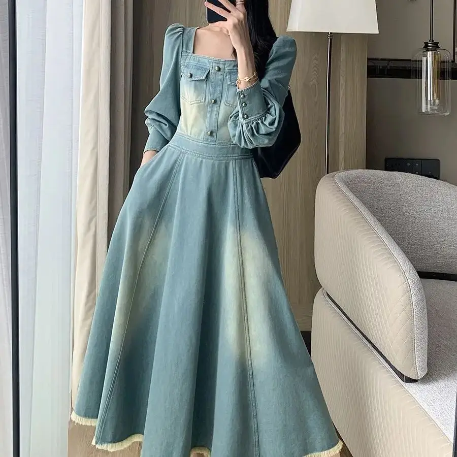 

French Retro Square Collar Puff Sleeve Denim Dress Women 2025 Spring Autumn New High-End Beautiful Long Skirt