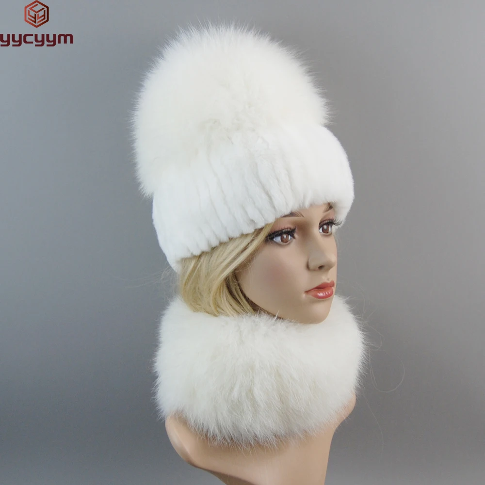 

Luxury Women Winter Luxury Real Rex Rabbit Fur Hat Scarf 2 Pieces Knitted Rex Rabbit Fur Hat Top Natural Fox Fur Cap Scarves Set