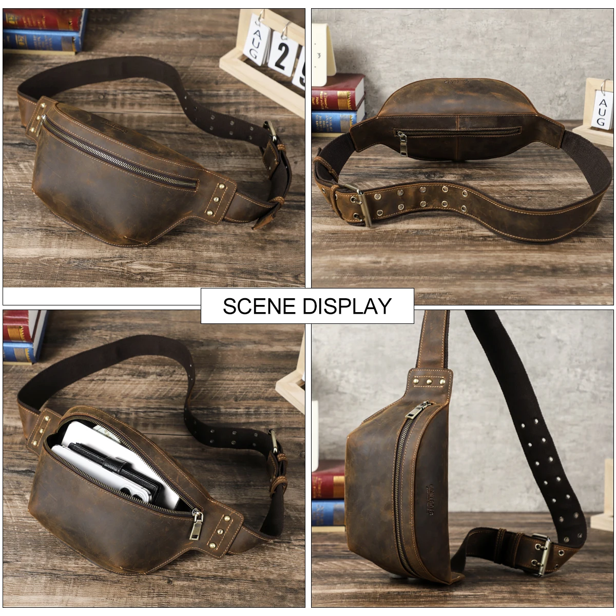 CONTACT'S Genuine Leather Waist Bags Crazy Horse Leather Men Waist Pack Hip Bum Bag Crossbody Bag Travel Bag for 8.3