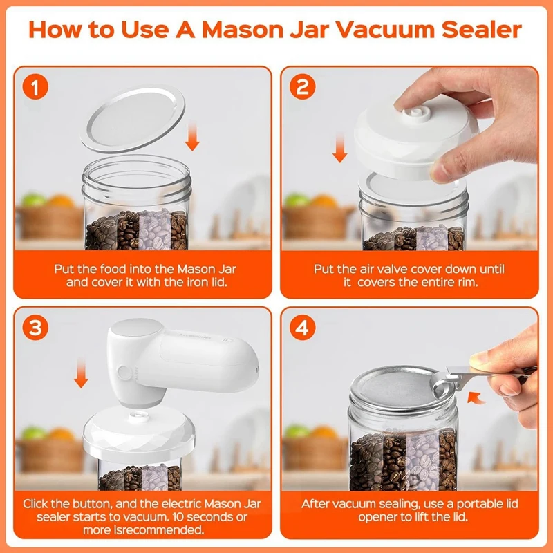 1Set Electric Mason Jar Vacuum Sealer Cordless Mason Jar Sealer Vacuum Kit For Wide Mouth & Regular Mouth Mason Jar