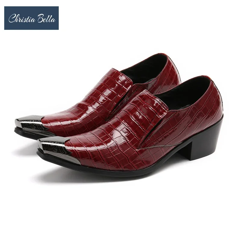 

British Style Red Genuine Leather Men Formal Shoes Square Toe Mid Heel Business Oxfords Shoes Plus Size Wedding Prom Dress Shoes