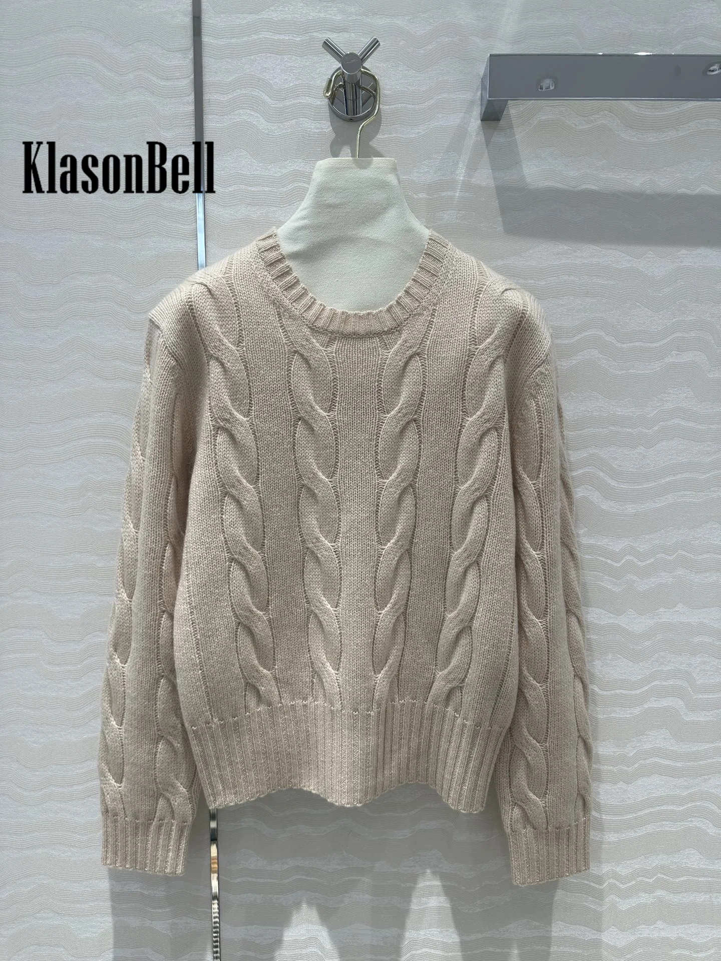 8.18 KlasonBell Women Cashmere Knit Keep Warm 2 Piece Set O-Neck Twist Flower Pullover Sweater + High Waist Straight Pants