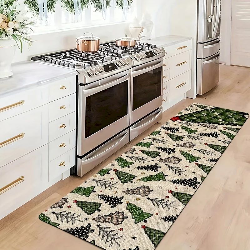 VIKAMA Buffalo Grid Christmas Tree Kitchen Carpet, Non Slip Carpet, Corridor Water Absorbing Door Mat Home Decoration
