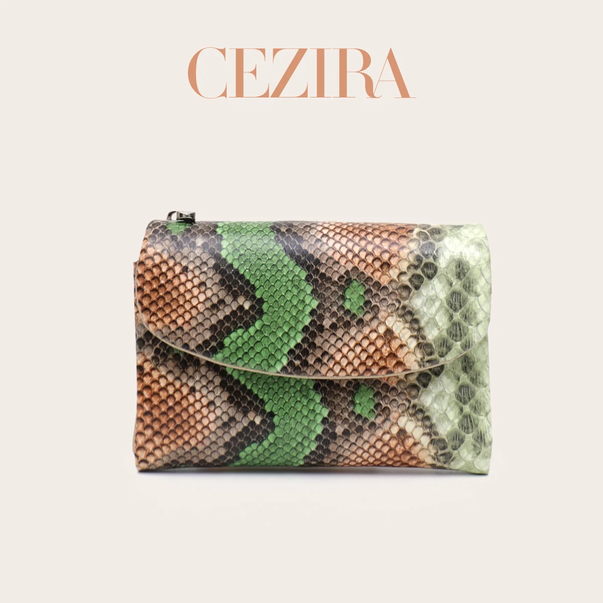 CR Women Snake Print Color Block Cowhide Short Wallet Fashion Python Genuine Leather Tri‑fold Card Holder Multifunctional Coin