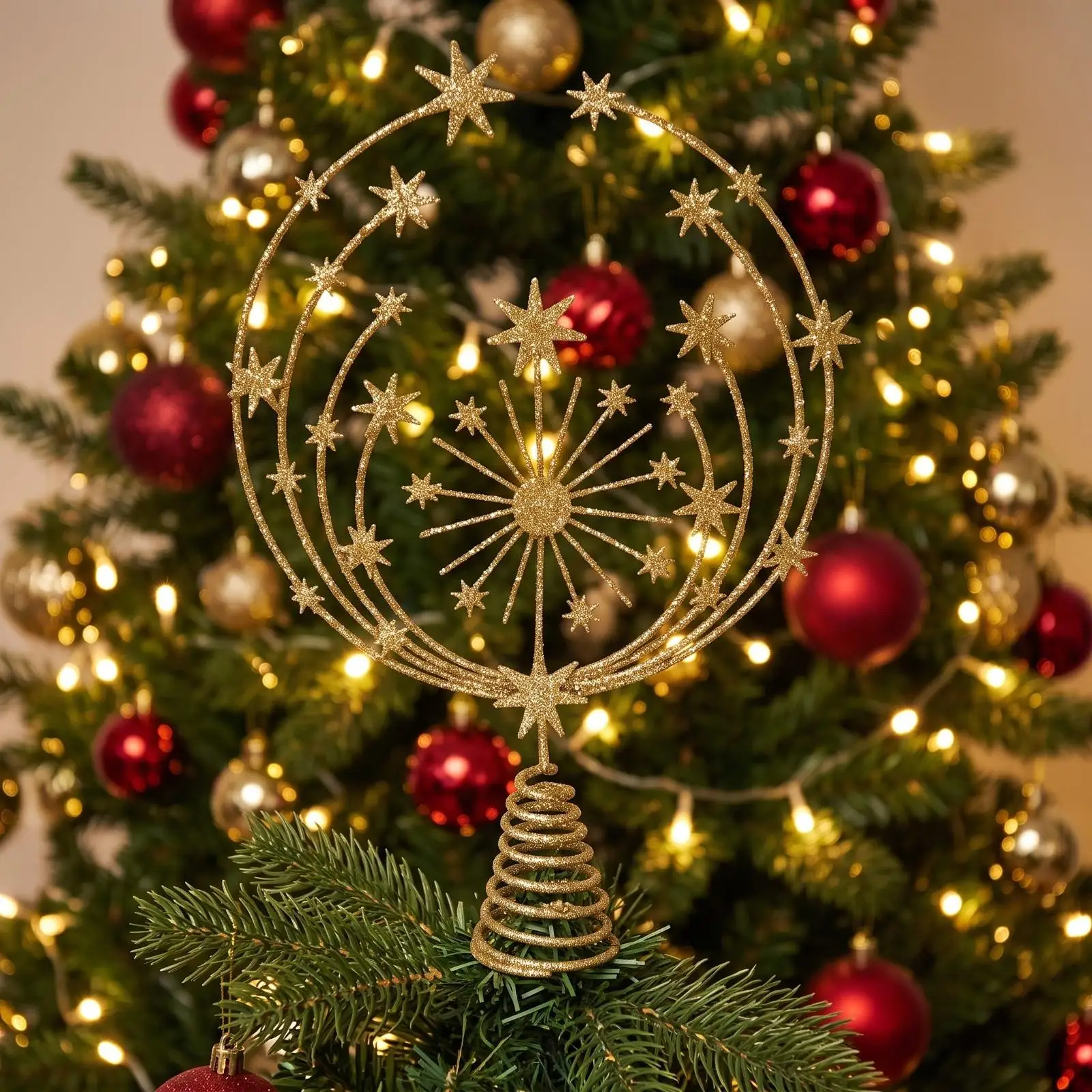 Festive Gold Star Tree Topper Christmas Decoration Iron Openwork Finial for Home Holiday