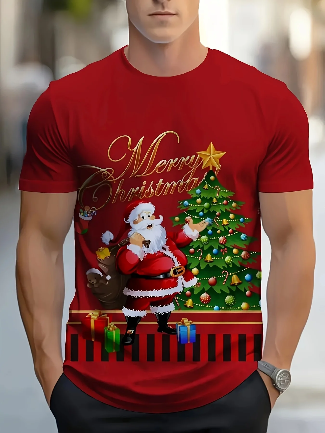 Men'S Christmas Graphic T-Shirt - Red Santa Claus Tree Design with 