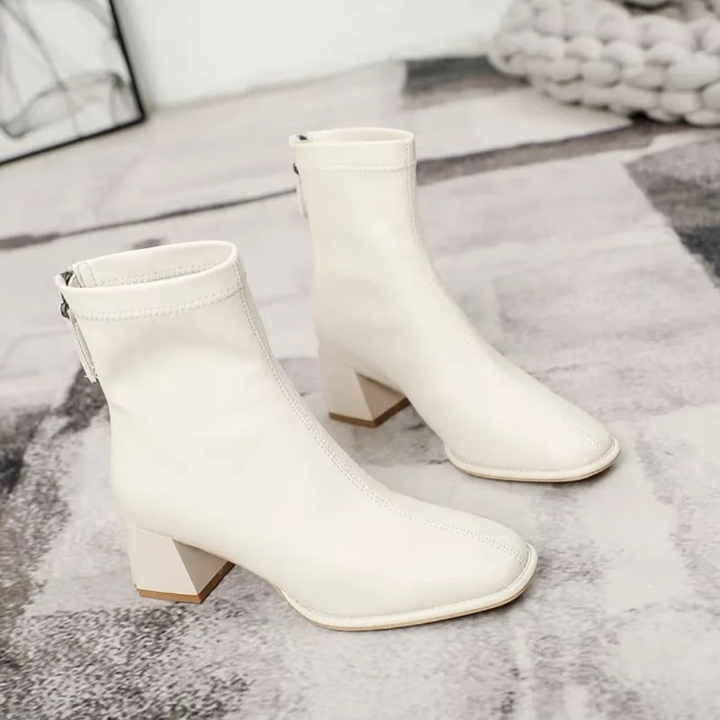 

New Womens Ankle Boots Spring Autumn Korean Style Fashion Back Zip High Heels Solid Colour Square Toe Shoes Botas Para Mujer