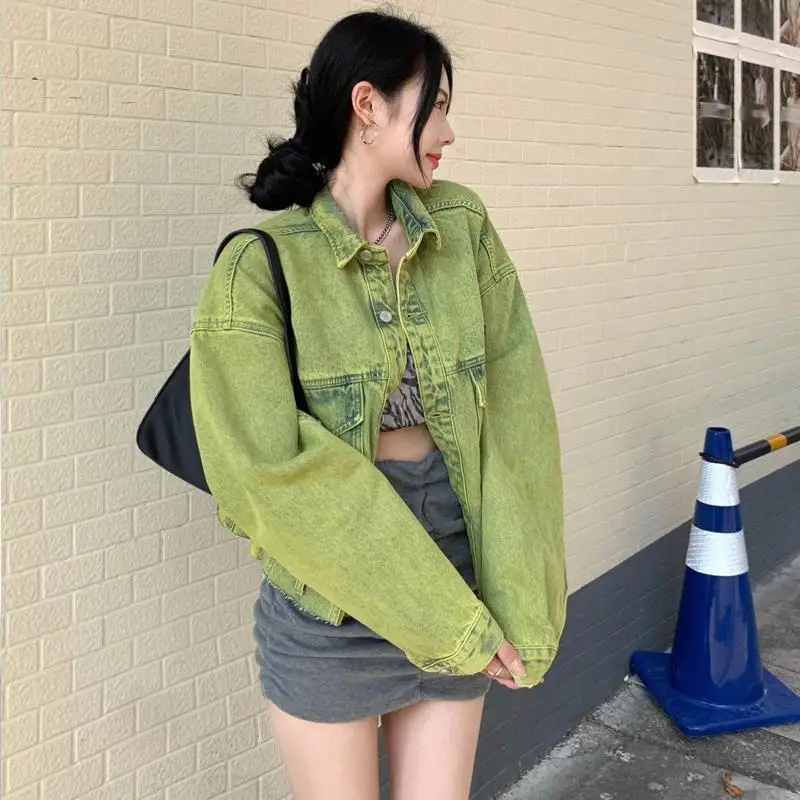 

Streetwear Green Denim Jacket Women Bomber Japanese Y2k Women Autumn Jacket Cropped Tops Jeans Outerwear Long Sleeves Harajuku