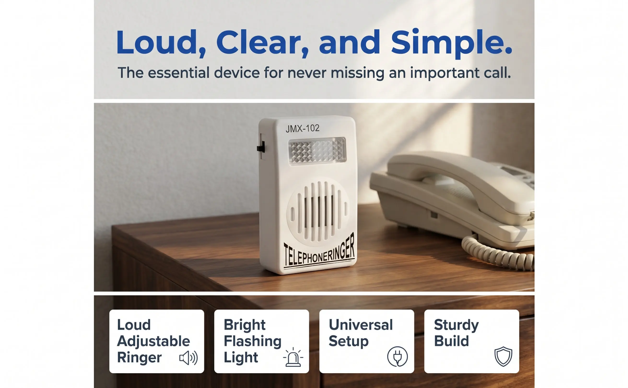 White Telephone Ring Amplifier for Landlines No Power Needed Phone Ringer Amplifier Device Compact Portable Loud Ring Volume