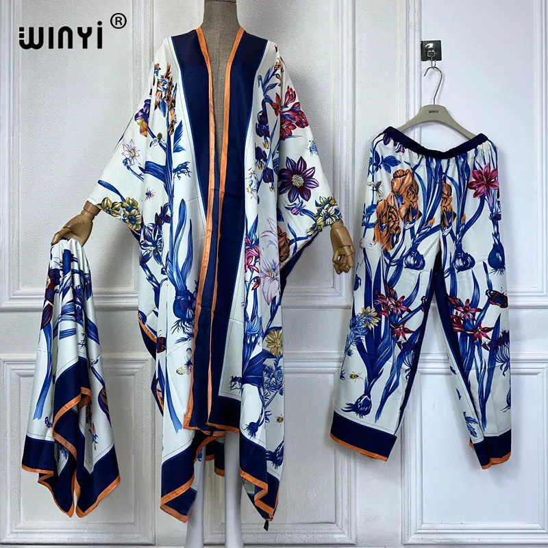 

WINYI Middle East print kimonos 2 piece sets women outfit Long Cardigan And Wide Leg Pant Sets Pants Suits holiday أطقم كاملة