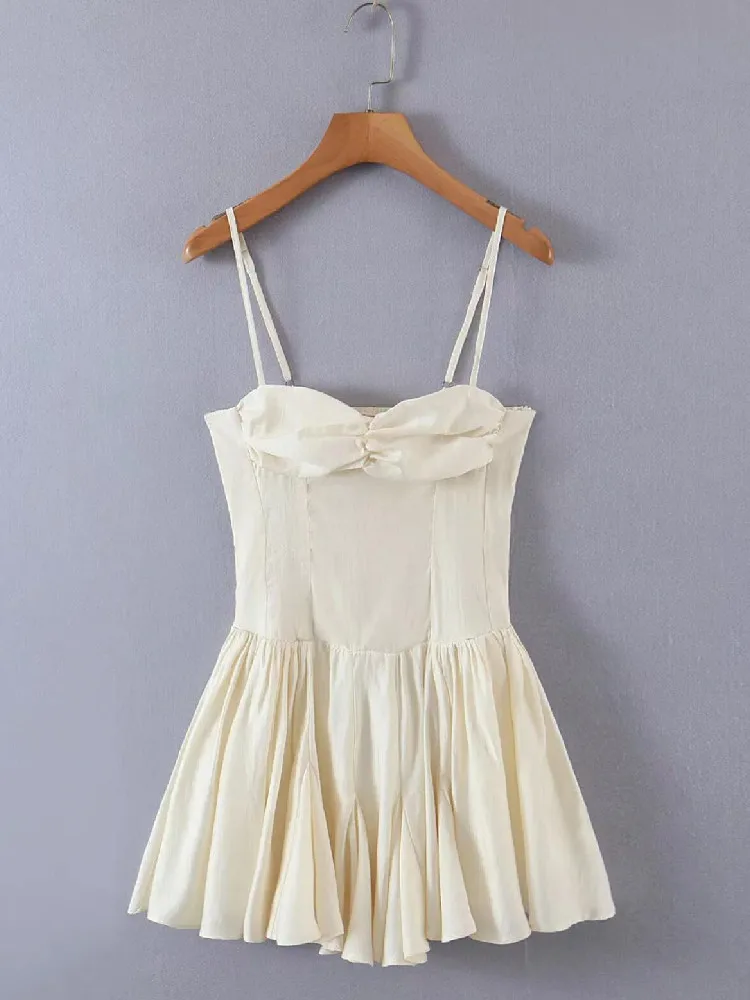 2022 Sexy Beige Ruched Bra Corset style Spaghetti Strap Mini Dress Women Backless Party Skater Short Dresses Sling Robe Vestido