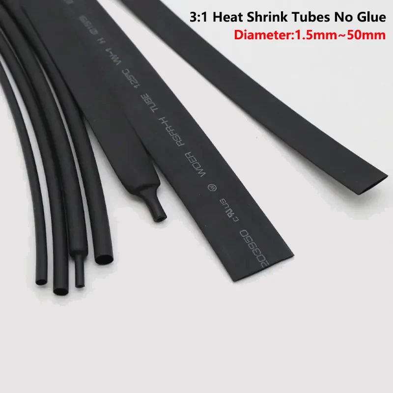 1/5/10m Heat Shrink Tubing Without Glue Diameter 1.5~50mm Black 3:1 Ratio Waterproof Wire Wrap Insulated Lined Cable Sleeve