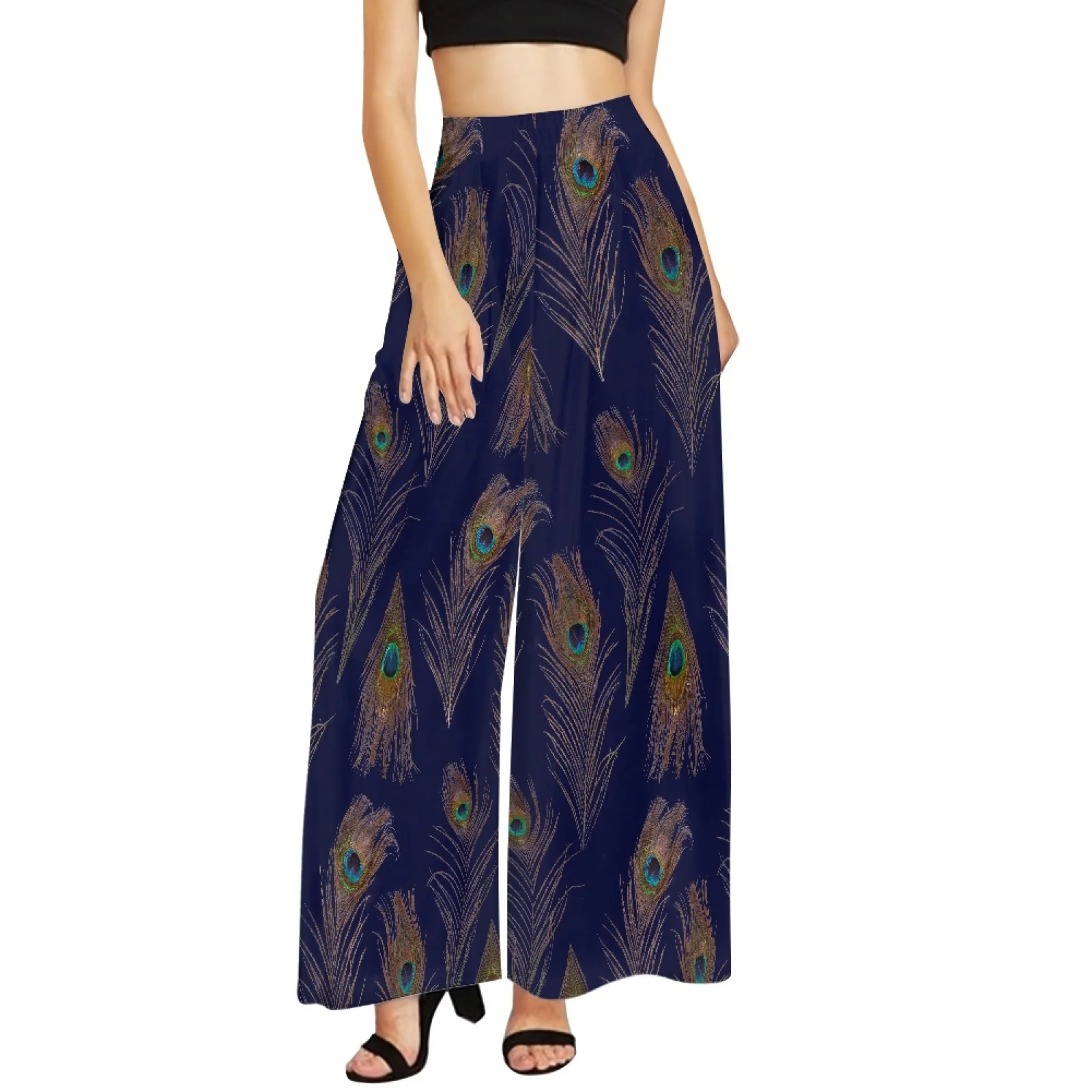 

New Summer Colorful Feathers Print Wide Leg Pants Women Elasitic High Waist Sweatpants Ladies Loose Drawstring Long Pants