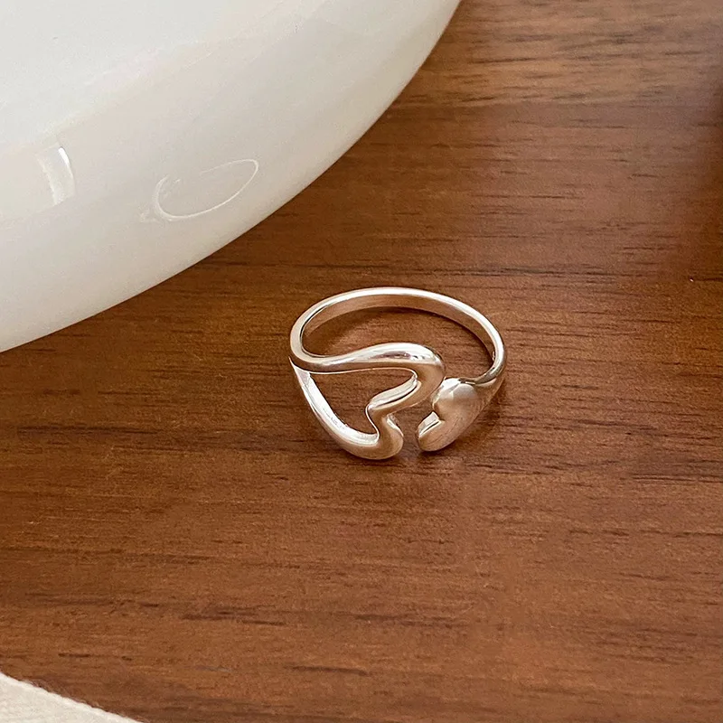 Simple Trendy 925 Sterling Silver Adjustable Asymmetry Hollowed Heart-shaped Ring for Woman Girls Geometry Designer Jewelry Gift