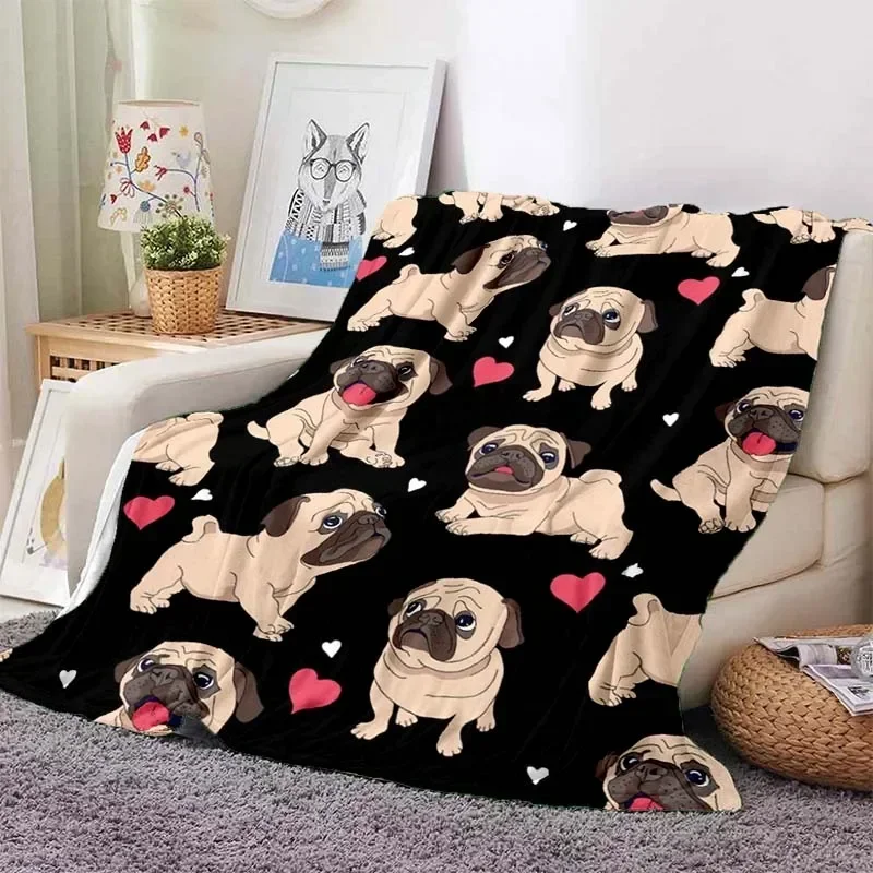 Cute Pug Blanket Animal Bedding Flannel Blanket Soft and Comfortable Plush Blanket for Sofa Bed Outdoor Travel Birthday Gift