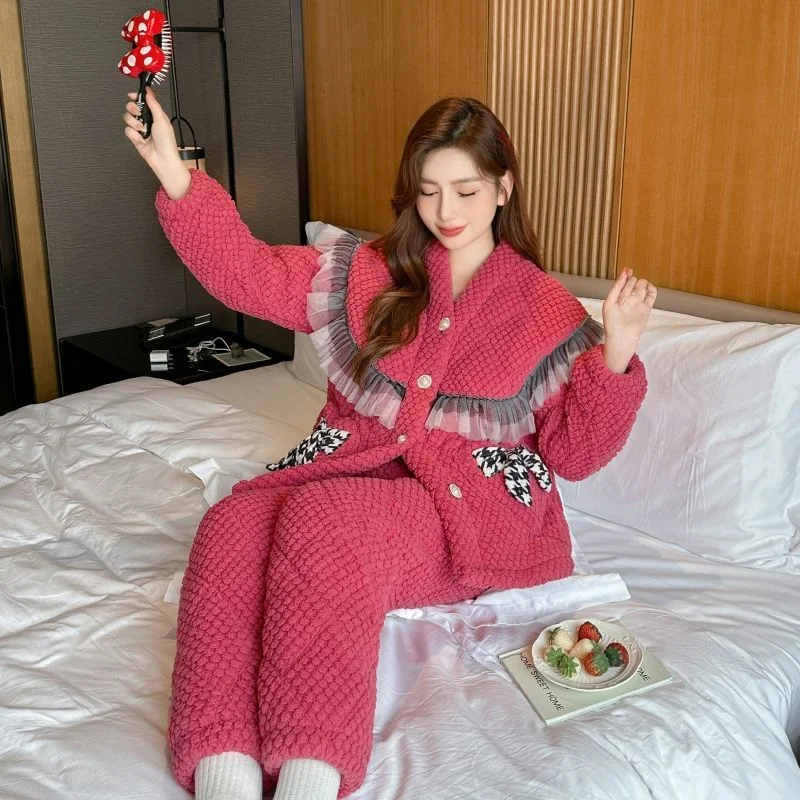 Pajamas Women's Winter Thickened Rose Velvet Three-layer Padded Bow Personalized Coral Velvet Loungewear Set Can Be Worn Outside