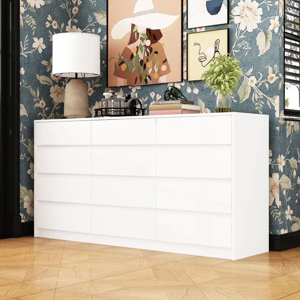 Chest of Drawers White 12 Drawer Dresser No Handles, 12 Drawer Cabinet Dresser for Bedroom (63