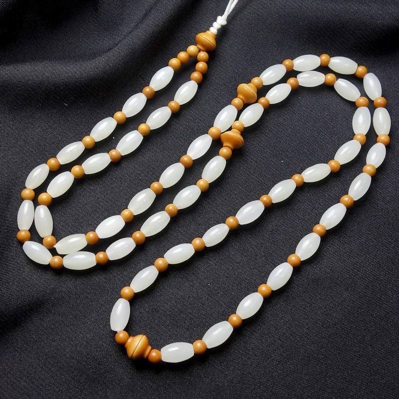 

Natural White Men And Women Hetian Jade Bead Necklace Lanyard With Certificate