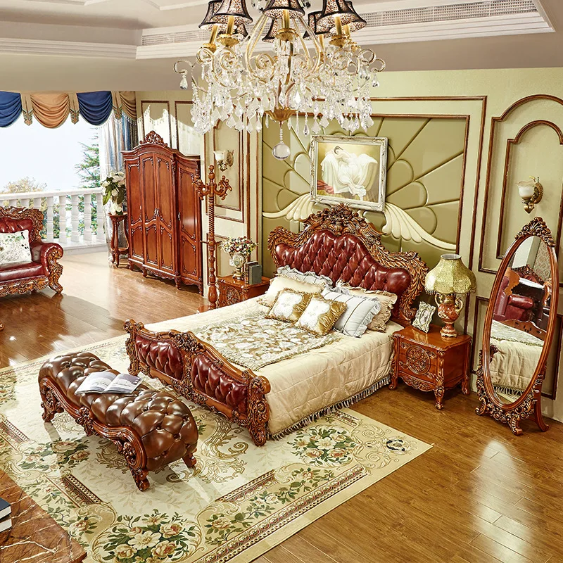 European Leather Master Bedroom Villa Double 1.8m High-end French Luxury Phoenix Carved American Wedding Bed