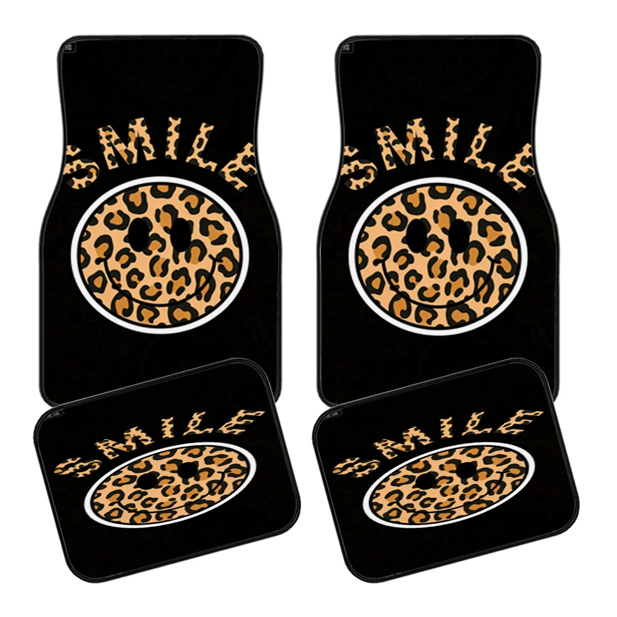 4pcs Car Foot Mat Set  Universal Full Coverage Floor Mats  Leopard Print Smiley Design  Fiber Anti-Slip And Wear-Resistant