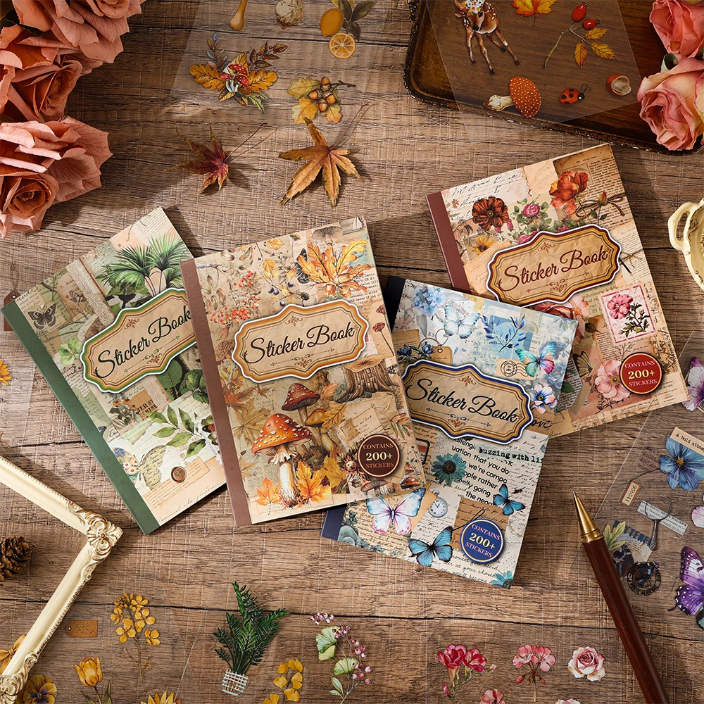 200+Pcs Vintage Botanical Sticker Book Waterproof PET Flower Plant Decals for Journaling Scrapbooking Craft Projects Decor