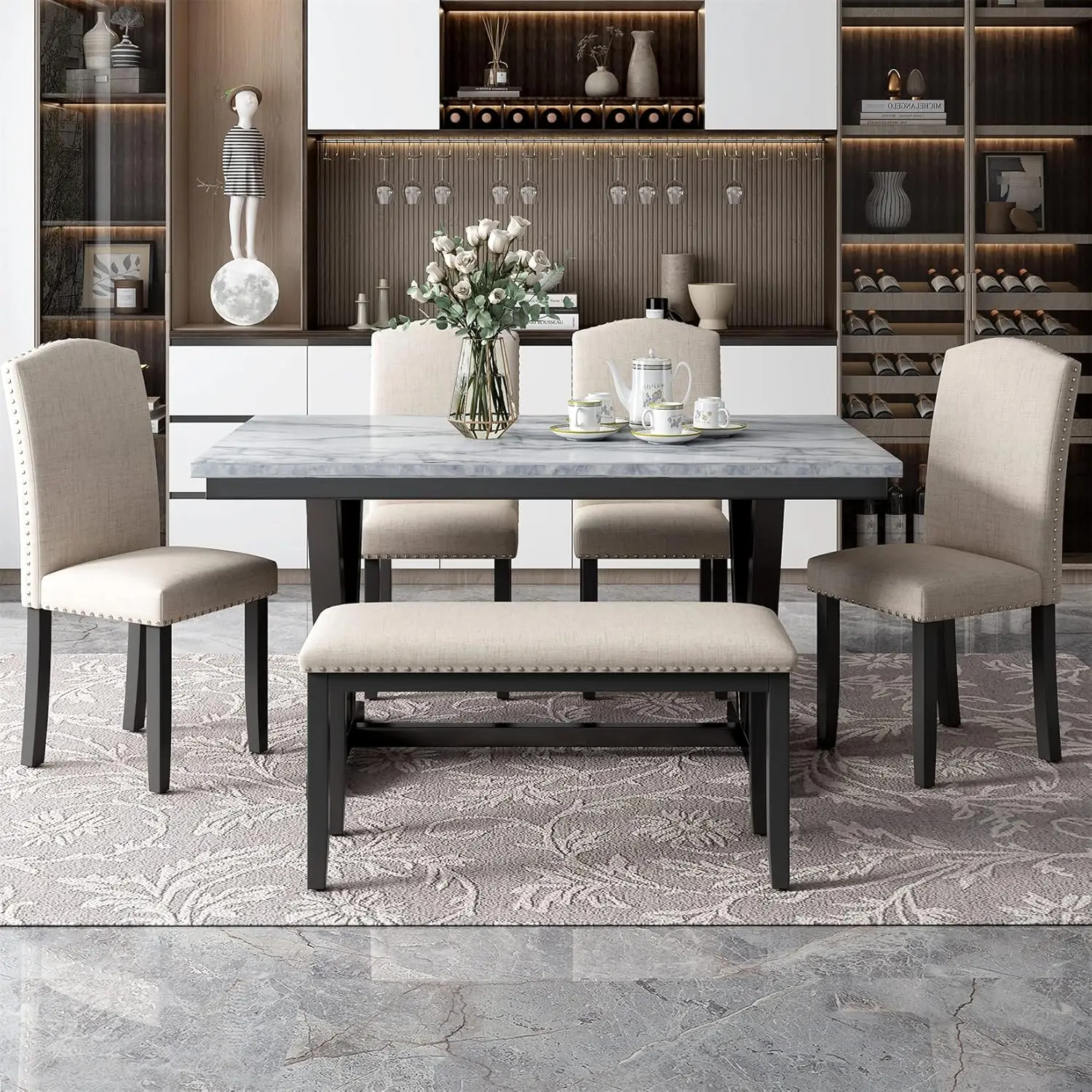 6 Piece Dining Table Set Wood Dinette Table and a Bench with Cushion, Marbled Veneers Tabletop Urban Style Kitchen Table