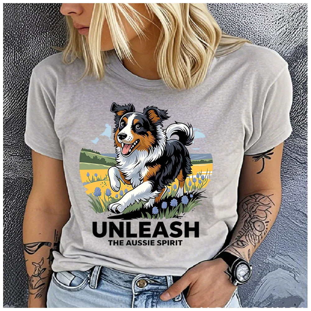Cotton 100% Vintage Aussie Shepherd Floral Field Graphic Women T-Shirt Unleash The Aussie Spirit Slogan Dog Owner Daily Top