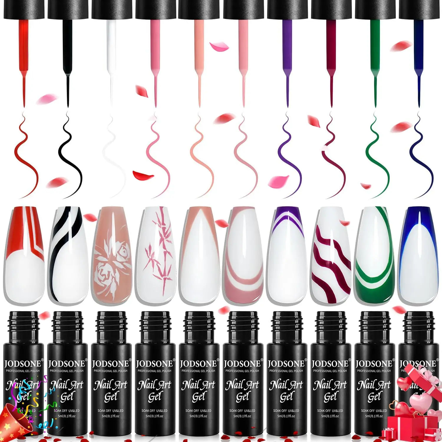 

10 Colors Gel Liner Set - White Red Black White Gel Nail Polish, UV Lamp Cured, Thin Brush, Gifts for Women