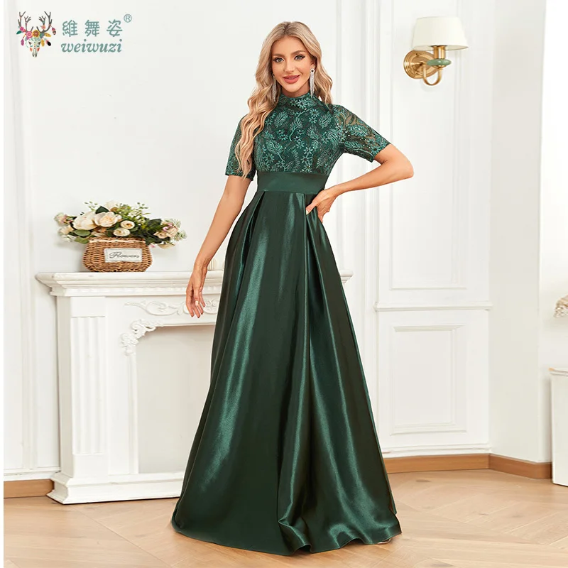 

Elegant Short Sleeve Evening Dress for Women O-neck Satin Prom Party Floor Length Green Sequin Bead Embroidered Evening Dress