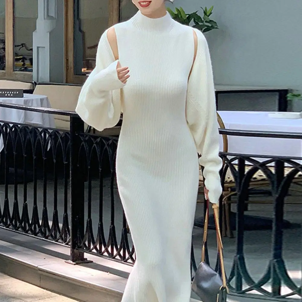 Soft Comfortable Polyester Blend Dress Elegant Women's High-waist Knitted Dress Set Half Turtleneck Long for Evening for Women