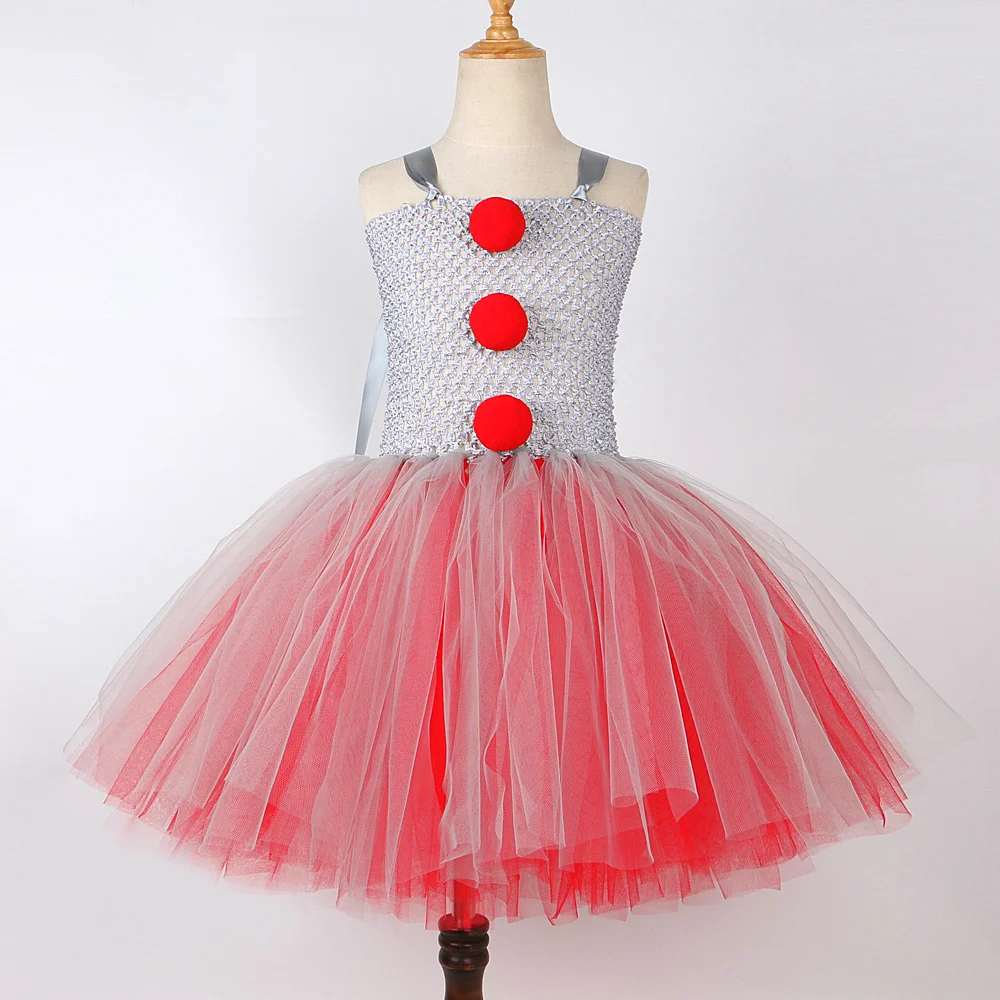 Creepy Clown Costumes for Girls Kids Halloween Pennywise Tutu Dress with Lace Collar Nose Children Funny Joker Cosplay Outfits