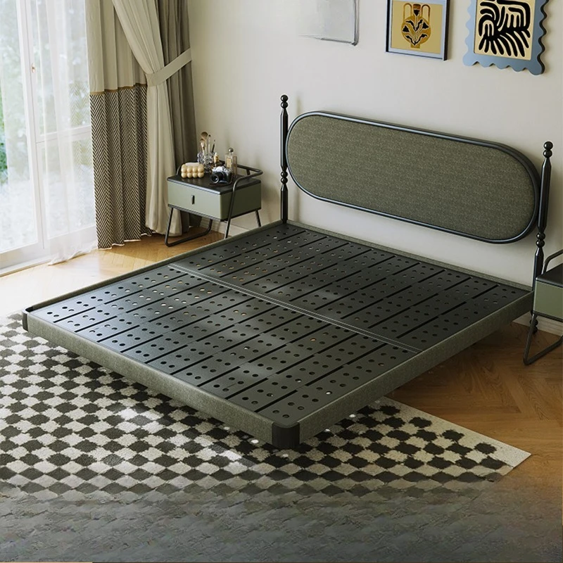 Carbon steel eco-friendly French solid wood bed, home double bed, floral fabric soft wrapping, vintage style queen bed