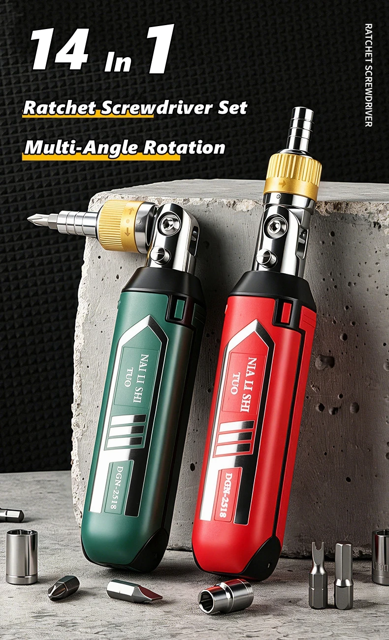 14-in-1 Multi Bit Ratchet Screwdriver Set,180° Pivoting Adjustable Angle Screwdriver, for Home DIY, Electronics,Bike,Car Repair